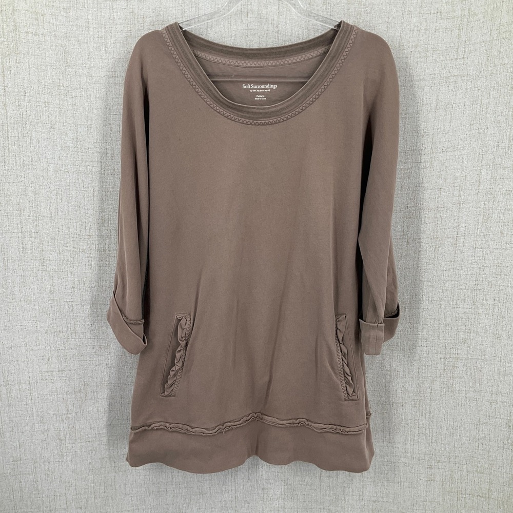 Soft Surroundings Tunic Top Women PM Brown Cotton Ruffle Pocket Boho Minimalist
